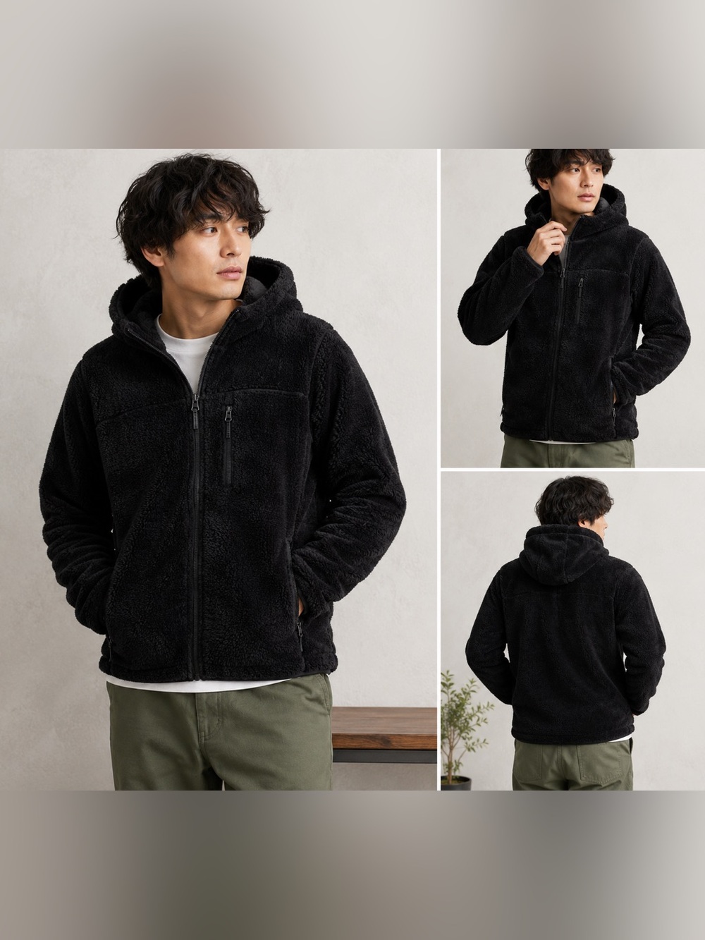 Uniqlo M Black Fluffy Fleece Full Zip Hooded Jacket High Pile 443620